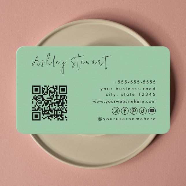 Carte De Visite Code Qr Vert Mint Professionnel Script minimal (Créateur téléchargé)