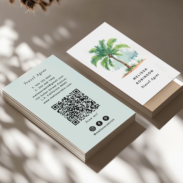Carte De Visite Code QR Vert Palmier de Plage Aquarelle Tropicale (Créateur téléchargé)