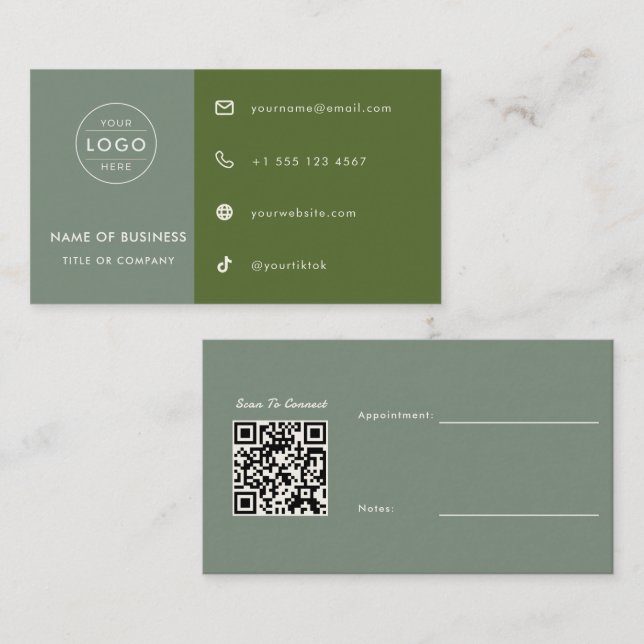 Carte De Visite Code QR Vert Sauge Personnalisé Rendez-vous Esthét (Devant / Derrière)