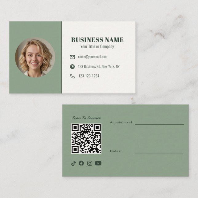 Carte De Visite Code QR Vert Sauge Photo Rendez-vous Esthéticienne (Devant / Derrière)