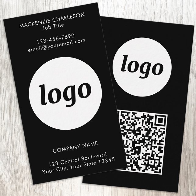 Carte De Visite Code QR vertical avec texte de logo simple noir (Simple logo with custom text and QR code business branding promotional vertical black business cards)
