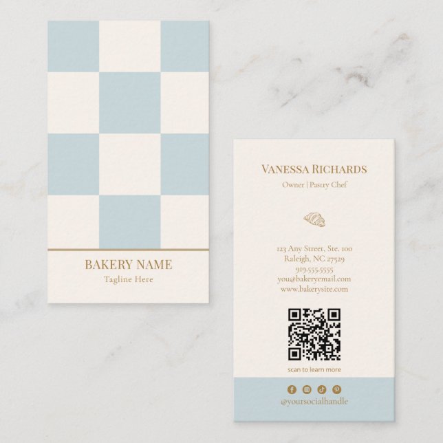 Carte De Visite Code QR vertical de boulangerie à carreaux bleus c (Devant / Derrière)