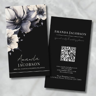 Carte De Visite Code QR vertical noir floral élégant professionnel