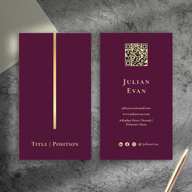 Carte De Visite Code Qr vin rouge et or élégant professionnel (Professional Elegant Burgundy Wine & Gold Qr code Business Card)