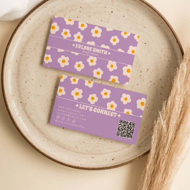 Carte De Visite Code QR Violet Blanc Rétro Fleur Groovy Branché  (Créateur téléchargé)