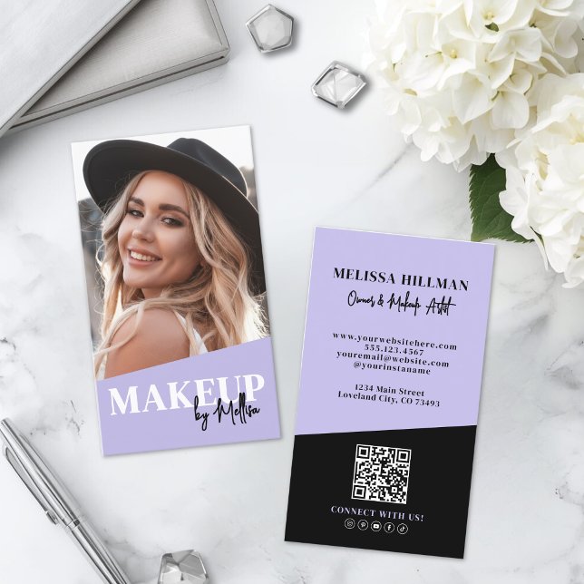 Carte De Visite Code QR Violet Photo Maquillage Vertical (Purple QR Code Photo Makeup Vertical Business Card )