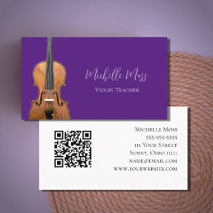 Carte De Visite Code QR Violon Enseignant Purple Musicien