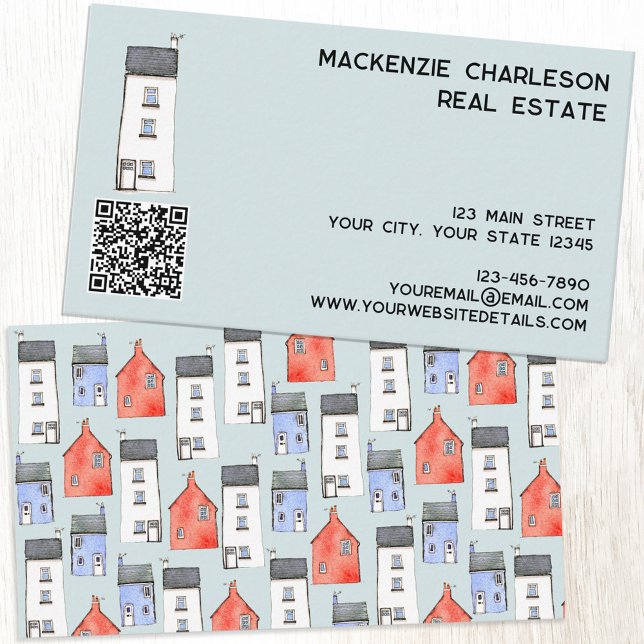 Carte De Visite Code QR Watercolor House (Watercolor house QR code custom business card for real estate agent, builder, home renovations)
