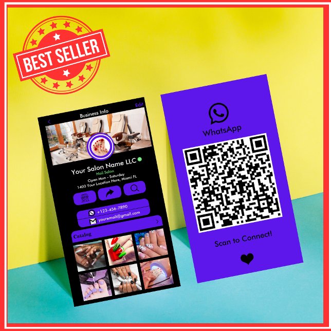 Carte De Visite Code QR WhatsApp du salon de manucure Violet (Créateur téléchargé)