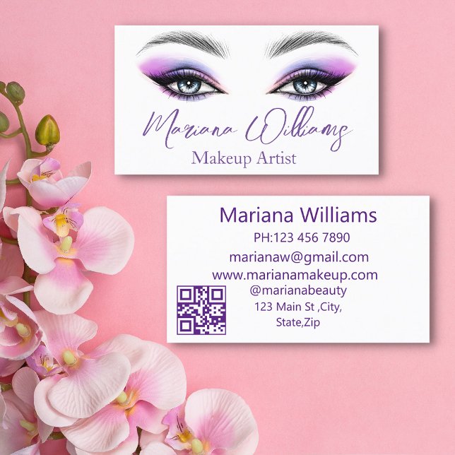 Carte De Visite Code QR Yeux d'Artiste Maquilleuse Violet Chic (Créateur téléchargé)