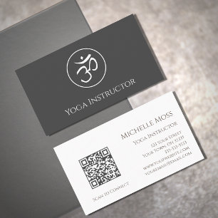 Carte De Visite Code QR Yoga Instructeur Om Symbole Simple Grey