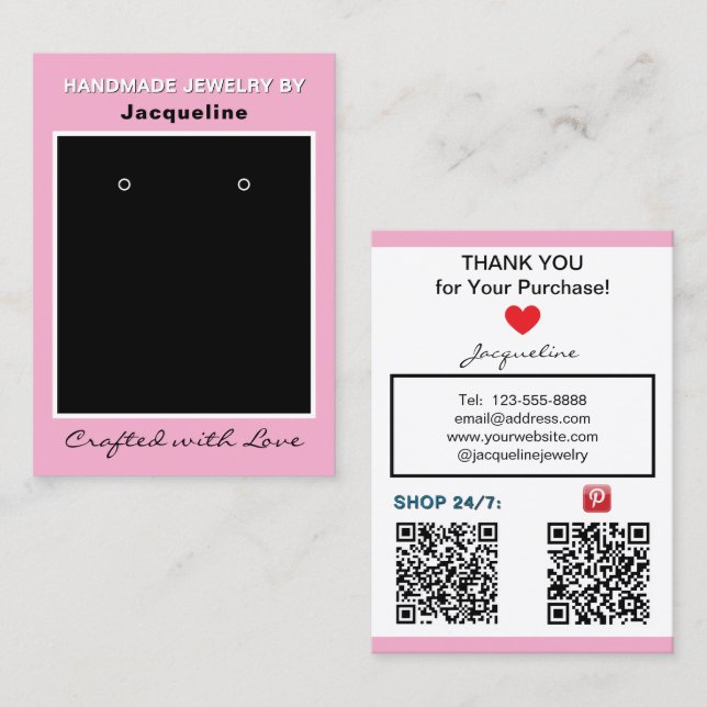 Carte De Visite Codes QR de bijoux en boucles d'oreilles rose noir (Devant / Derrière)