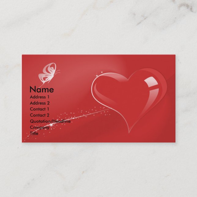 CARTE DE VISITE COEUR ET PAPILLON ROUGES D'IMAGINAIRE (Devant)