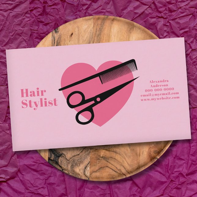 Carte De Visite Cœur Rose - Coiffeur (Pink Heart - Hair Stylist Business Card)