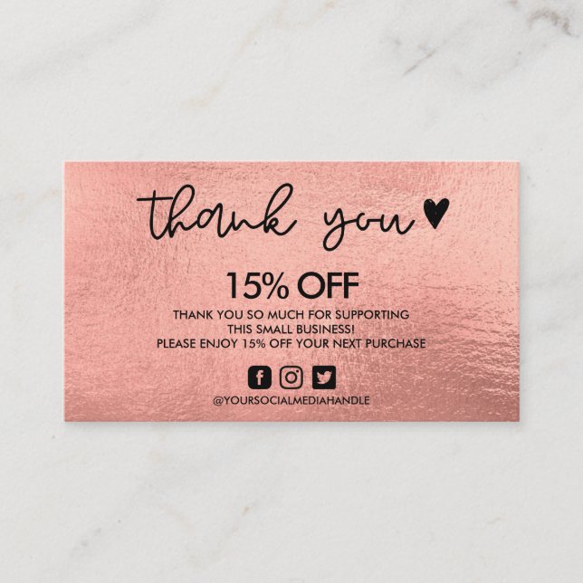Carte De Visite Coeur Rose de Merci d'or (Devant)