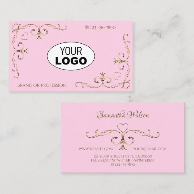 Carte De Visite Coeurs de logo élégants en or rose clair (Devant / Derrière)