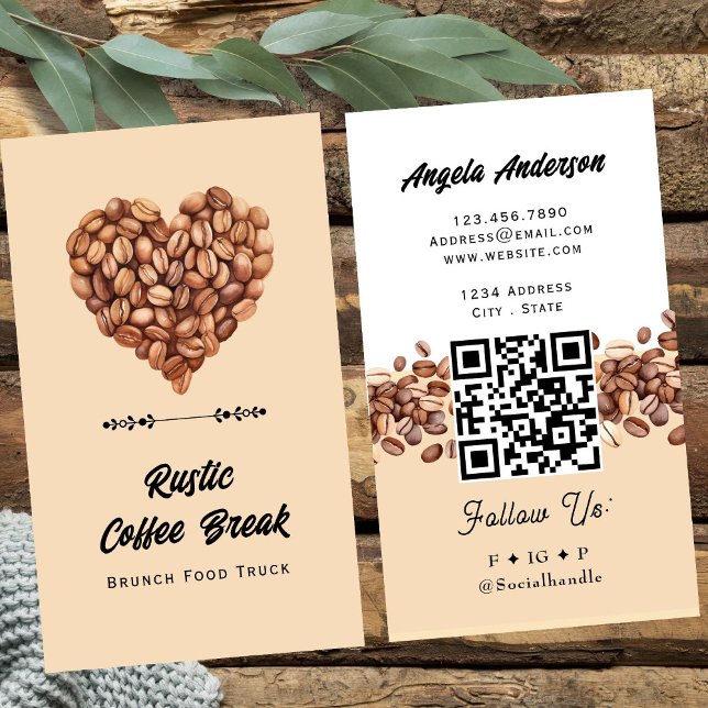 Carte De Visite Coffee Heart Trendy QR Code and Website (Créateur téléchargé)