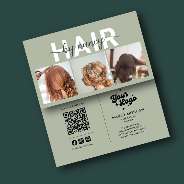 Carte De Visite Coiffeur 3 Collage de photos et logo code QR  (Créateur téléchargé)