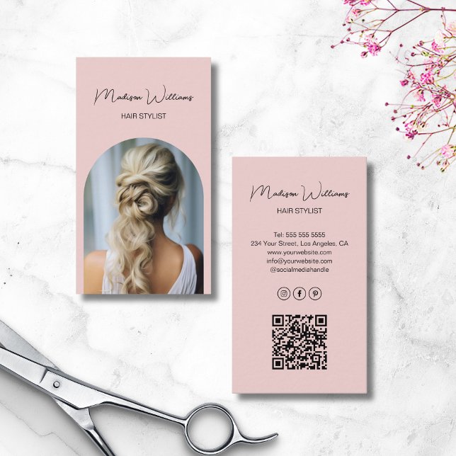 Carte De Visite Coiffeur Arche Photo Moderne Rose (Hair Stylist Modern Arch Photo Pink Business Card)