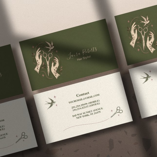 Carte De Visite Coiffeur Boho Vert Olive (Créateur téléchargé)