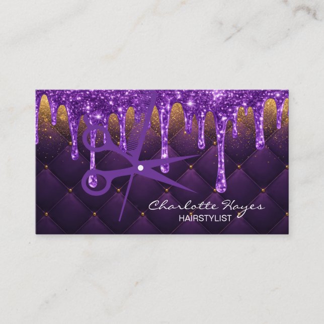 Carte De Visite Coiffeur Cheveux Violet Glamour Goutte de Paillett (Devant)