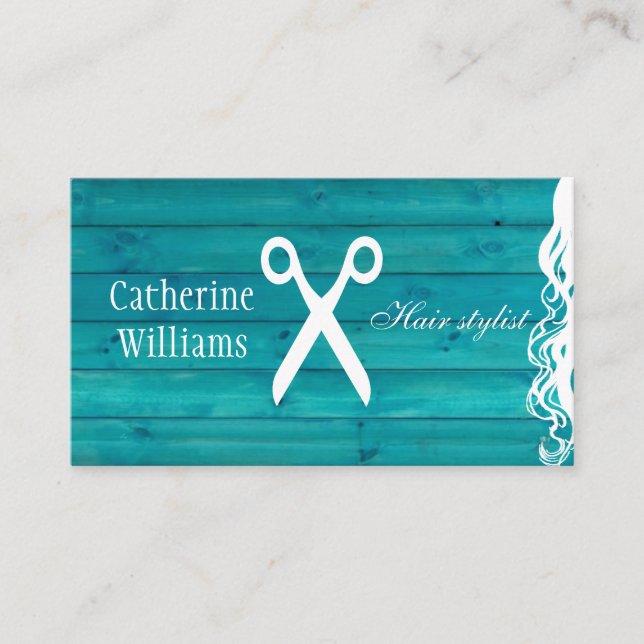Carte De Visite Coiffeur chic bleu turquoise en bois (Devant)