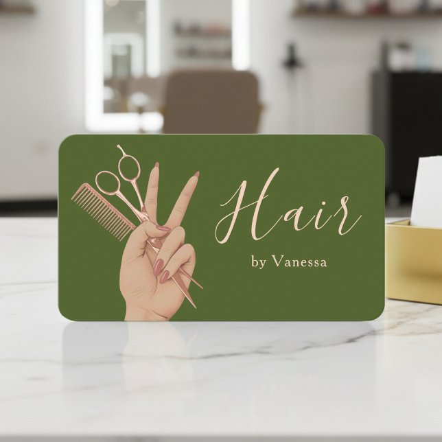 Carte De Visite Coiffeur Chic Coiffeur Vert de mousse Rose Gold (Créateur téléchargé)