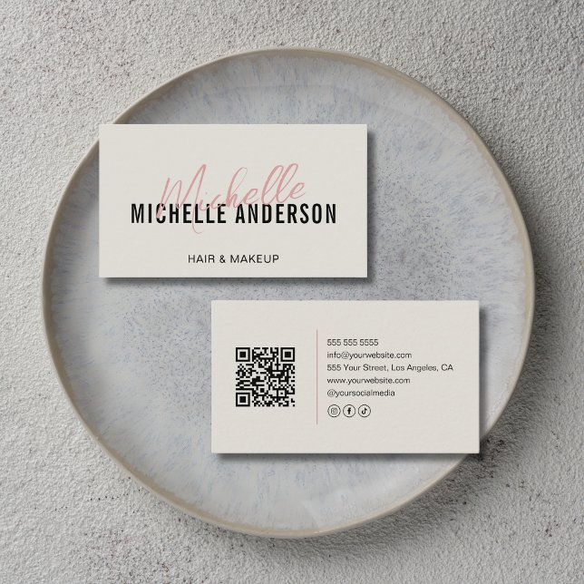 Carte De Visite Coiffeur Code QR Beige Neutre Moderne (Hair Stylist Modern Neutral Beige QR Code Business Card)