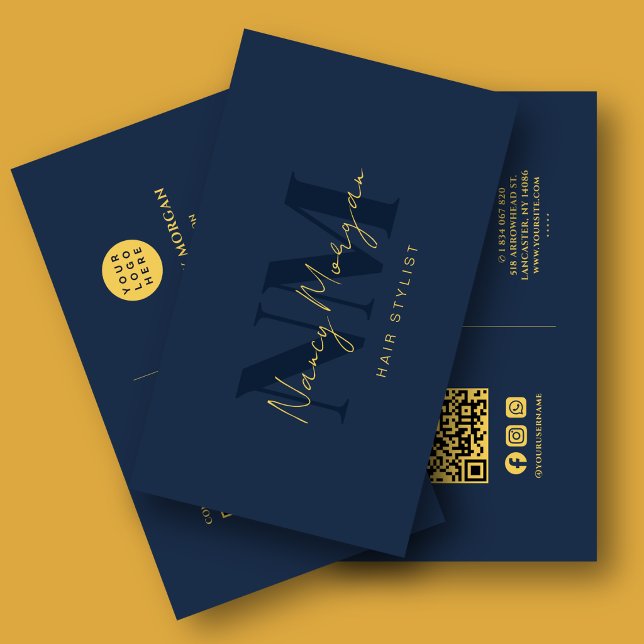 Carte De Visite Coiffeur Code QR Logo Monogramme Or Bleu Marine (Créateur téléchargé)