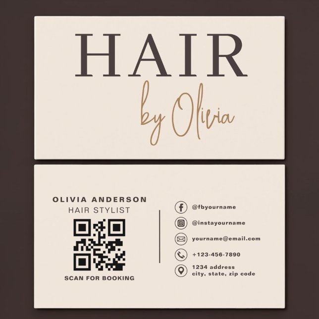 Carte De Visite Coiffeur Code QR Neutre Beige Professionnel (Créateur téléchargé)