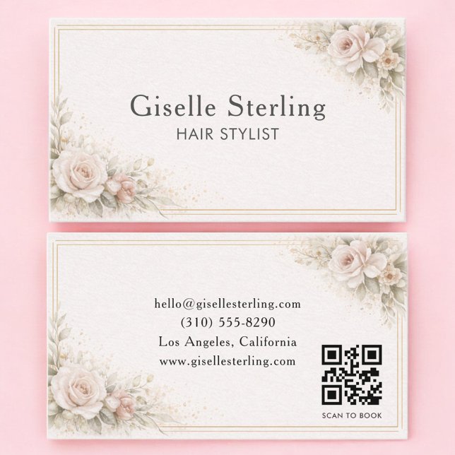 Carte De Visite Coiffeur Code QR Neutre Floral Professionnel (Créateur téléchargé)