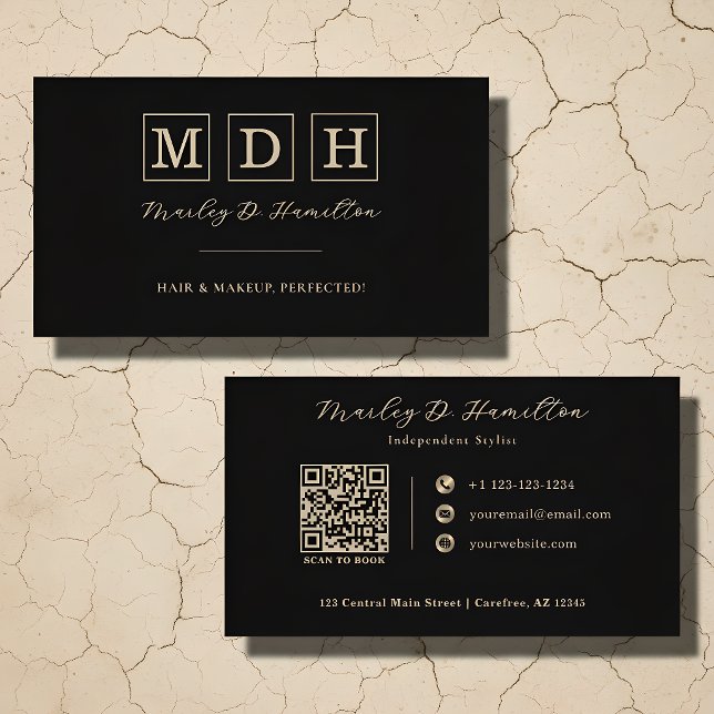 Carte De Visite Coiffeur Code QR Or Noir Élégant (Créateur téléchargé)