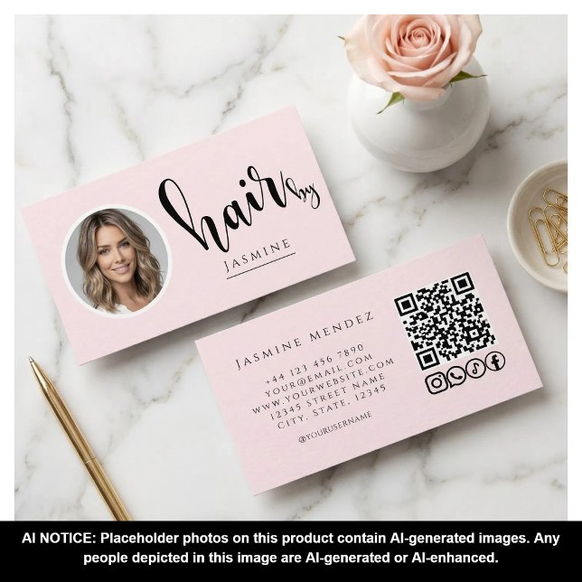 Carte De Visite Coiffeur Code QR Photo Rose Pâle Icônes Sociales  (Créateur téléchargé)
