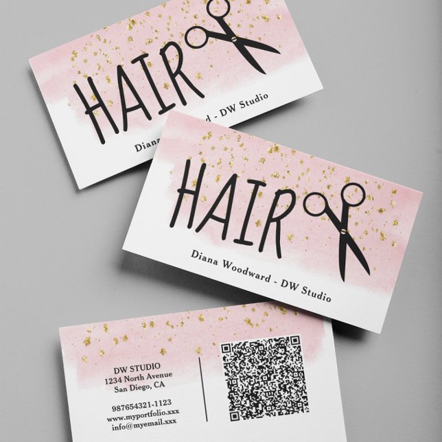 Carte de visite coiffeur code QR rose or (Créateur téléchargé)