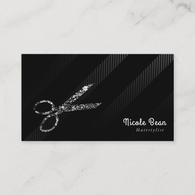 Carte De Visite Coiffeur Coiffeuse Argent et Noir Chic Glamour (Devant)