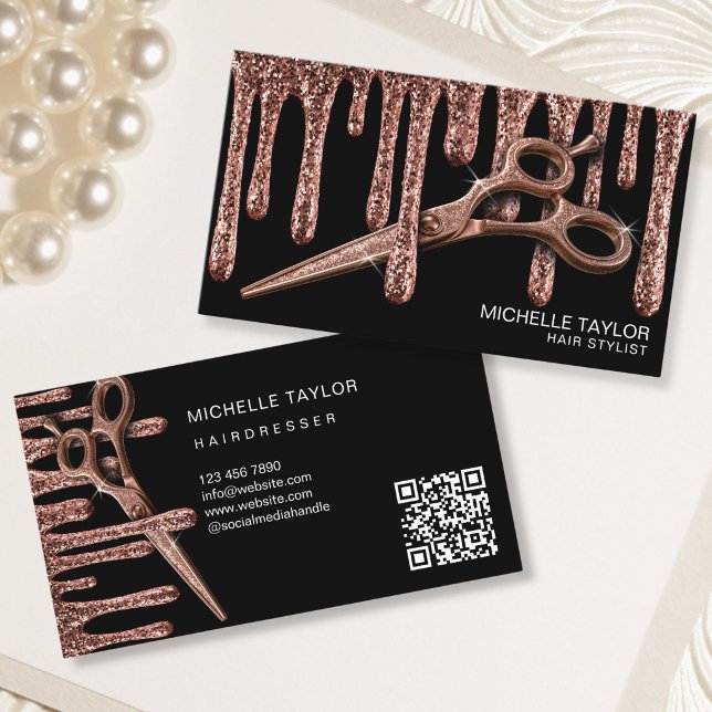 Carte De Visite Coiffeur Coiffeuse Rose Gold Paillettes QR Code (Hair Stylist Hairdresser Rose Gold Glitter QR Code Business Card)