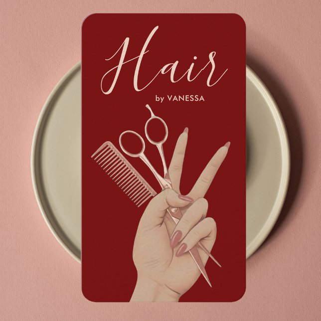 Carte De Visite Coiffeur de Luxe Coiffeuse Rose Gold et Rouge (Créateur téléchargé)