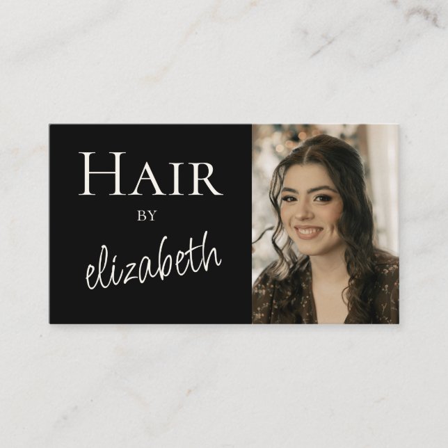 Carte De Visite Coiffeur de salon de coiffure Script Photo Noir (Devant)