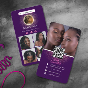 Carte De Visite Coiffeur de tresses africaines Violet & Paillettes