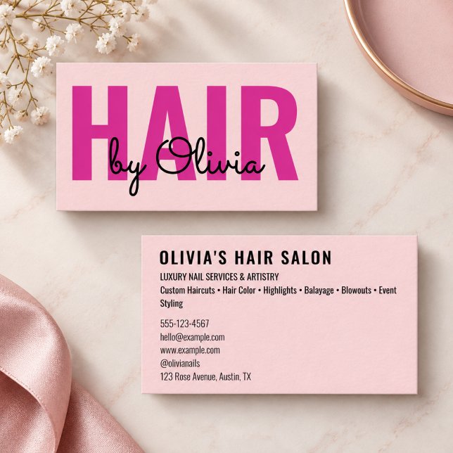 Carte De Visite Coiffeur Écriture Cheveux Rose Moderne (business cards hair stylist modern elegant minimalist beautician hairdresser professional boss salon)