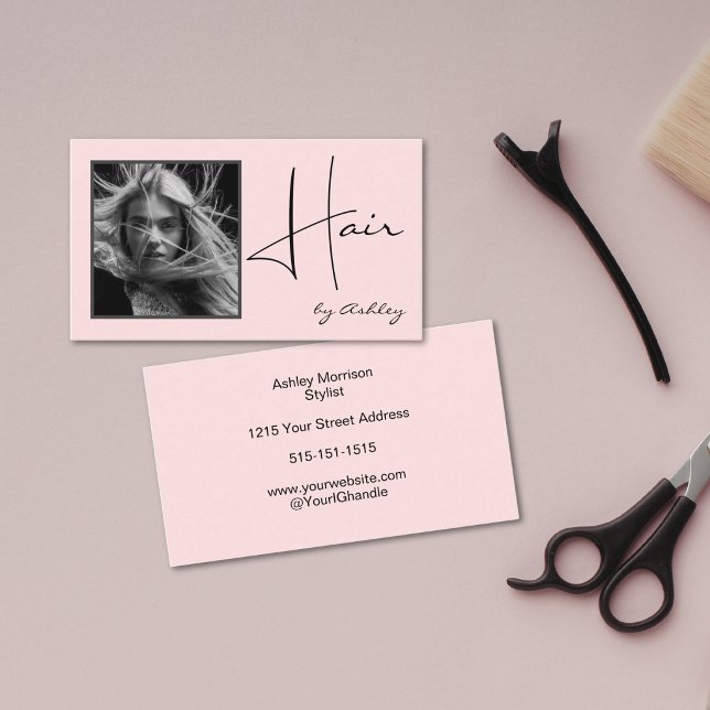 Carte De Visite Coiffeur écriture noir photo rose poudrée  (Créateur téléchargé)