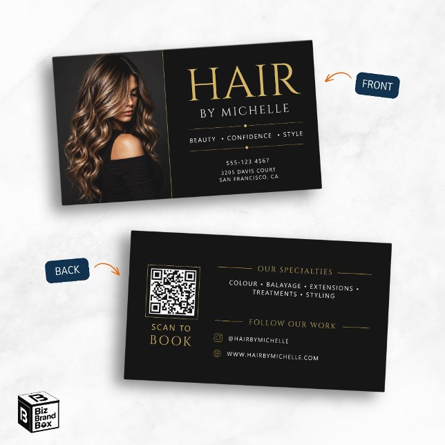 Carte De Visite Coiffeur Elégant Noir Or (Elegant Black Gold Hair Stylist Business Card)
