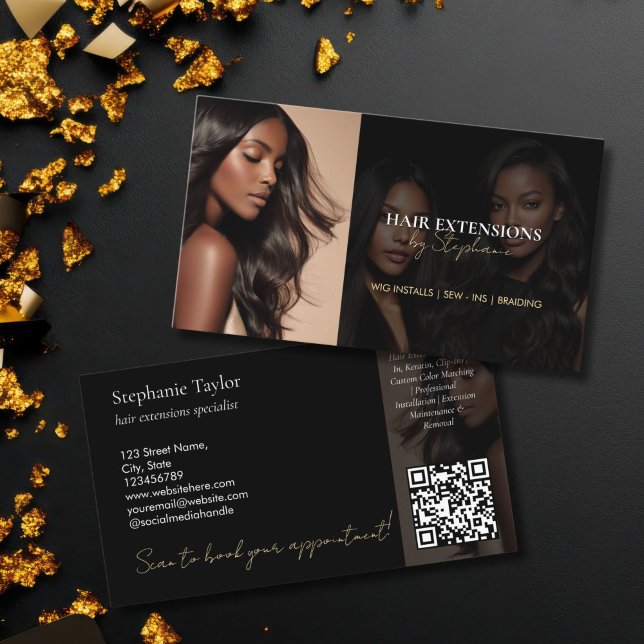 Carte De Visite Coiffeur Extensions Perruques Luxe Élégant Photo (modern simple wig and hair extension business card with photo and QR code)