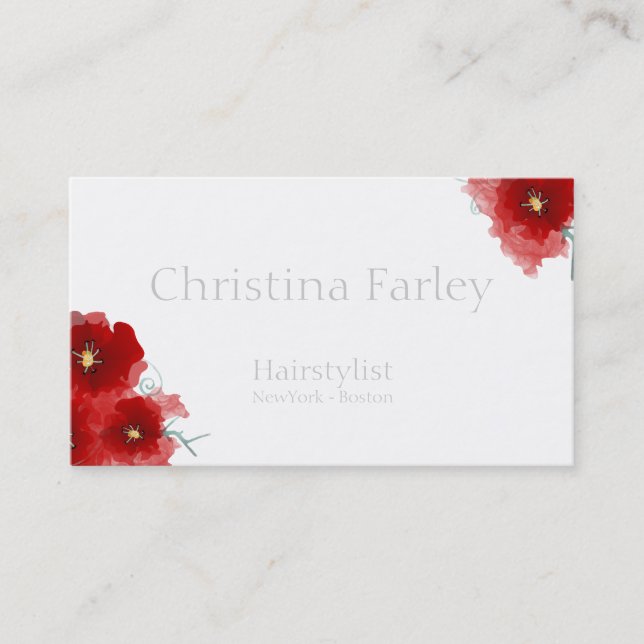 Carte De Visite Coiffeur Fleurs rouges Informations gris clair (Devant)