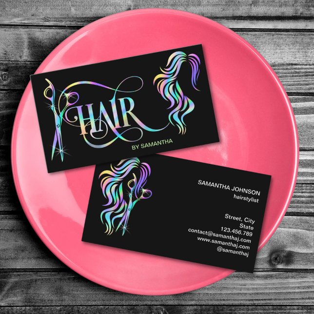 Carte De Visite Coiffeur holographique typographie extension de ch (HOLOGRAPHIC HAIR STYLIST SCISSORS)