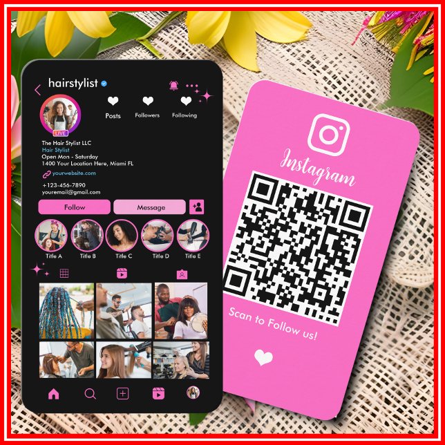 Carte De Visite Coiffeur Instagram Rose [BIO LONGUE] (Créateur téléchargé)
