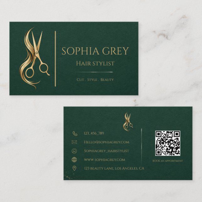 Carte De Visite Coiffeur Luxe Émeraude Et Or  (Devant / Derrière)