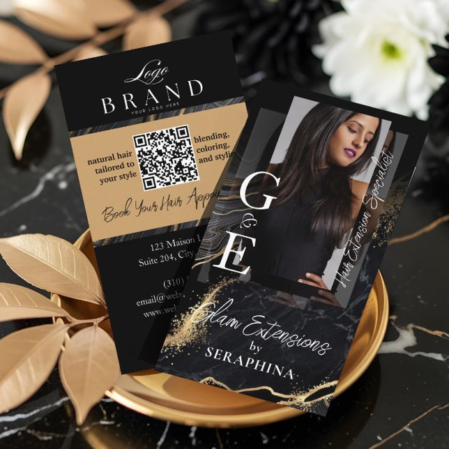Carte De Visite Coiffeur Luxe & Extensions Agate Noir Or (Luxury Hair Stylist & Extensions Black Gold Agate Business Card)