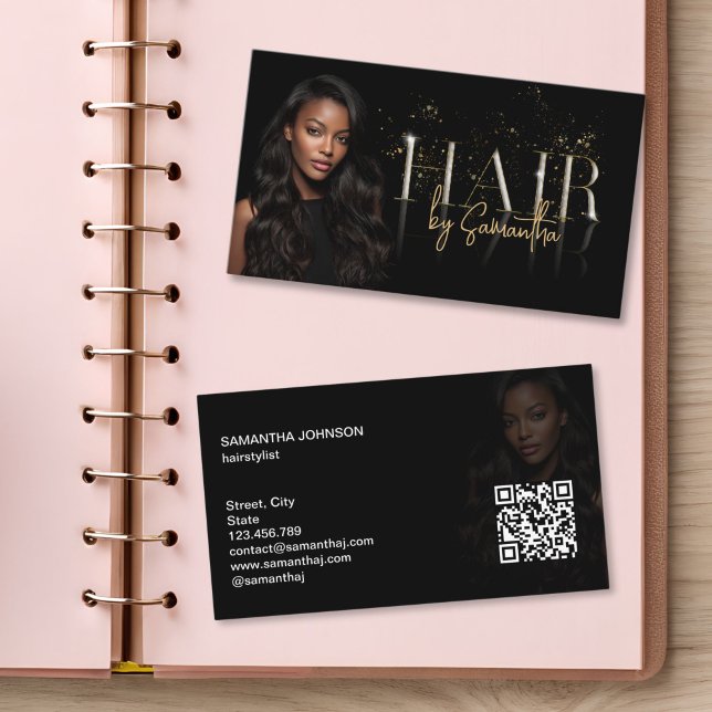 Carte De Visite coiffeur luxe moderne extensions de cheveux perruq (modern hair extensions and wigs business card)