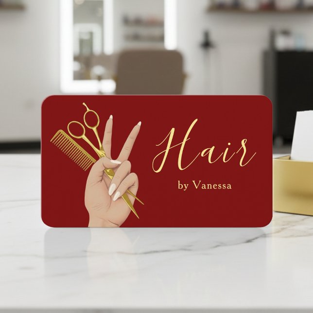 Carte De Visite Coiffeur Luxueux Coiffeur Moderne Rouge Or (Créateur téléchargé)